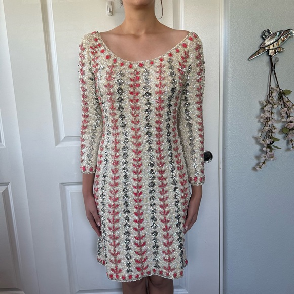 VINTAGE 50s 60s | Edith Morré | Palm Desert amazing ivory pink sequin dress M L - Picture 2 of 14